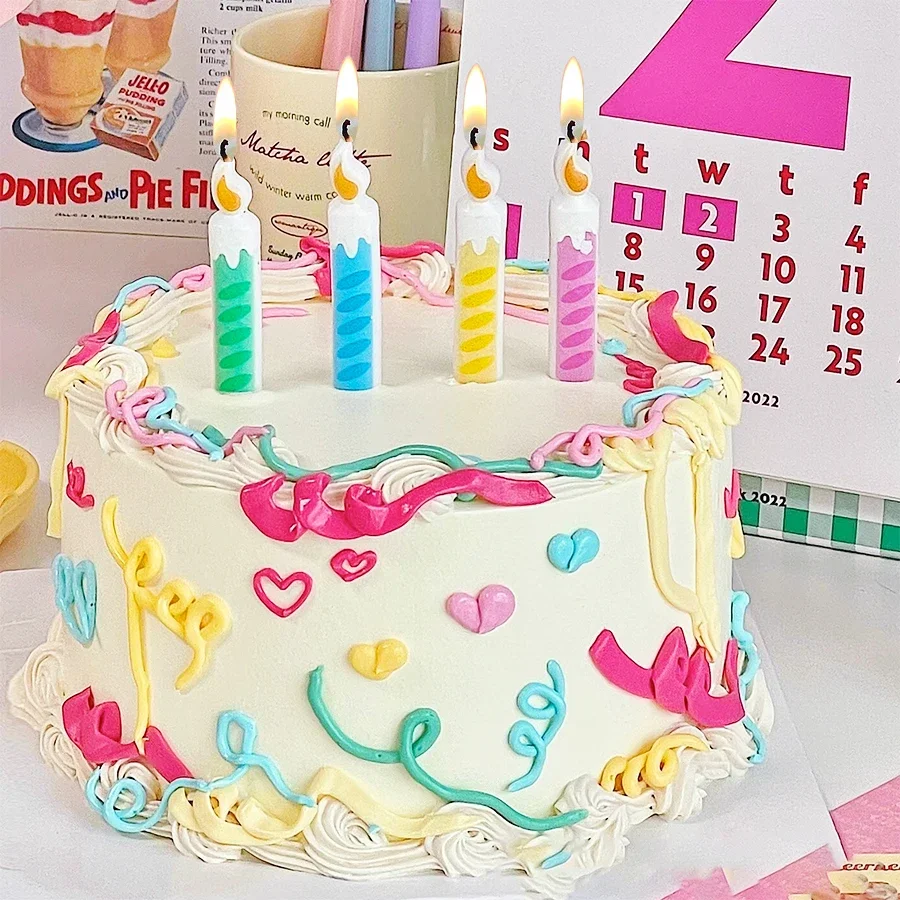 

4pcs Colored Stripe Flame Happy Birthday Candle Children's First Year Party Cake Decoration Netizens Retro Cake Colored Candle