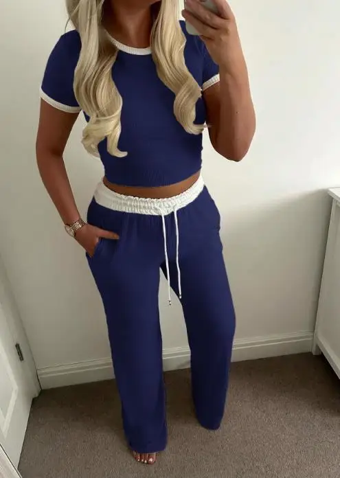 Summer New Casual 2-Piece Set with Contrasting Color Splicing Round Neck Crop Top T-Shirt and Lace Up Straight Leg Pants Set