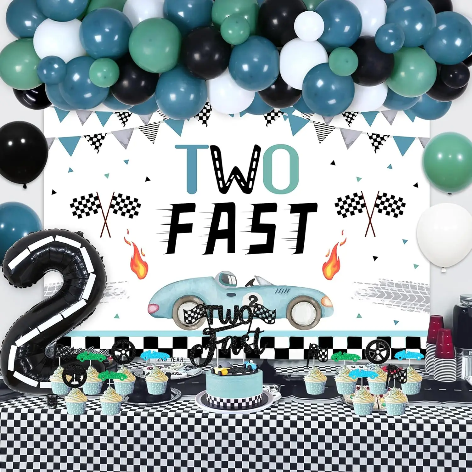 fangleland Two fast 2nd birthday decorations with boy racing theme for birthday party supplies vintage background cloth balloons