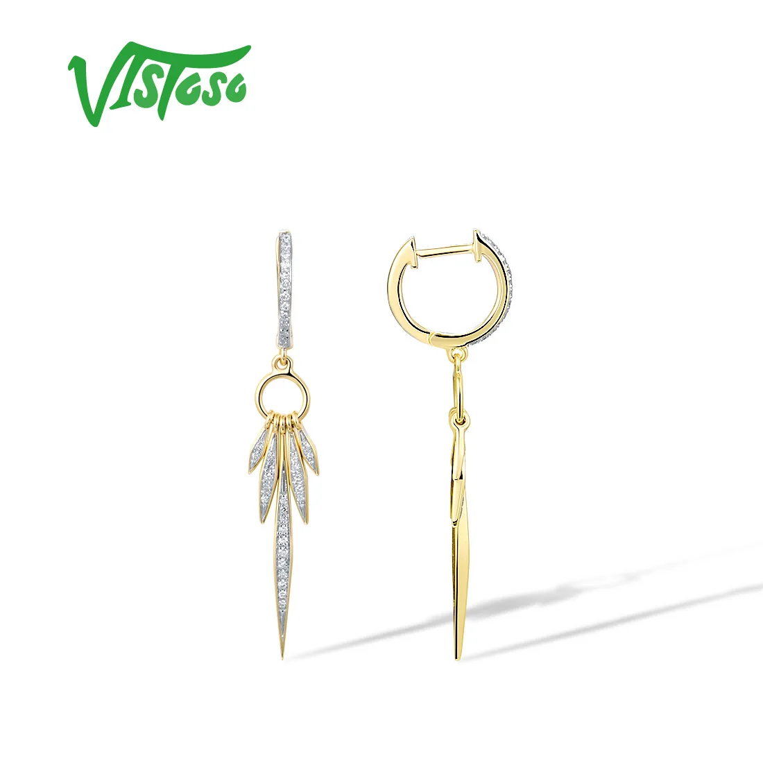 VISTOSO Pure 14K 585 Yellow Gold Loop Earrings For Women Sparkling Diamond Long Geometric Wedding Anniversary Fine Jewelry