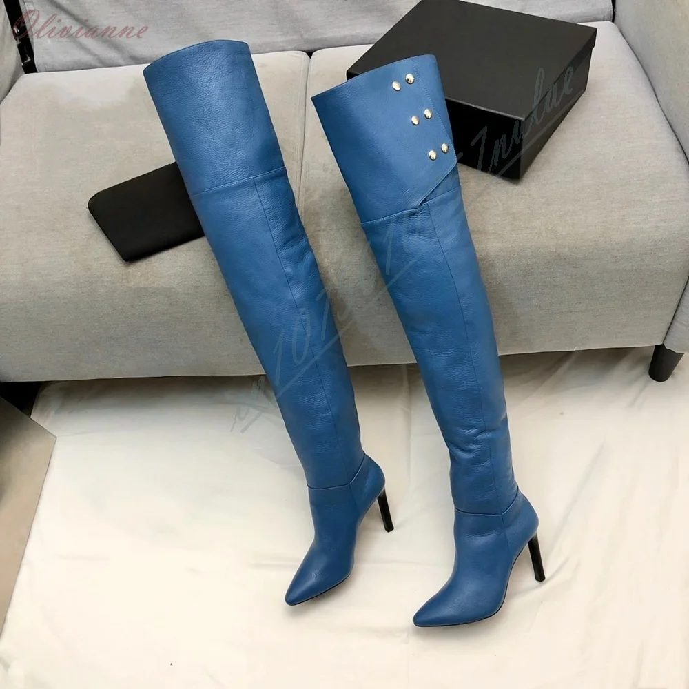 

Women Bright Blue Leather Over The Knee Boots Metal Rivet Decor Pointed Toe Thin Stiletto Heel High Thigh Long Boots Night Club
