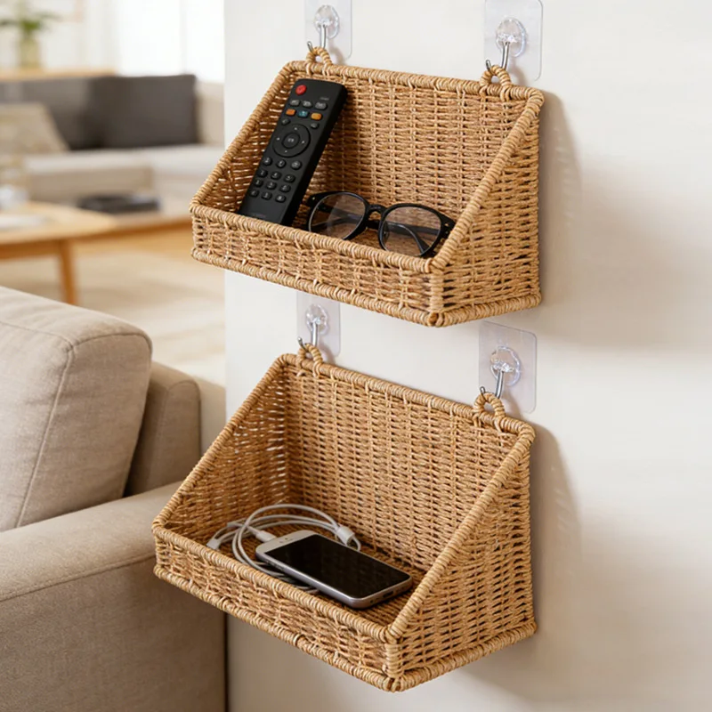 Woven Imitation Rattan Wall Mounted Storage Basket Slanted Shelf Organizer for Kitchen Living Room Bathroom Bedroom Balcony view 2