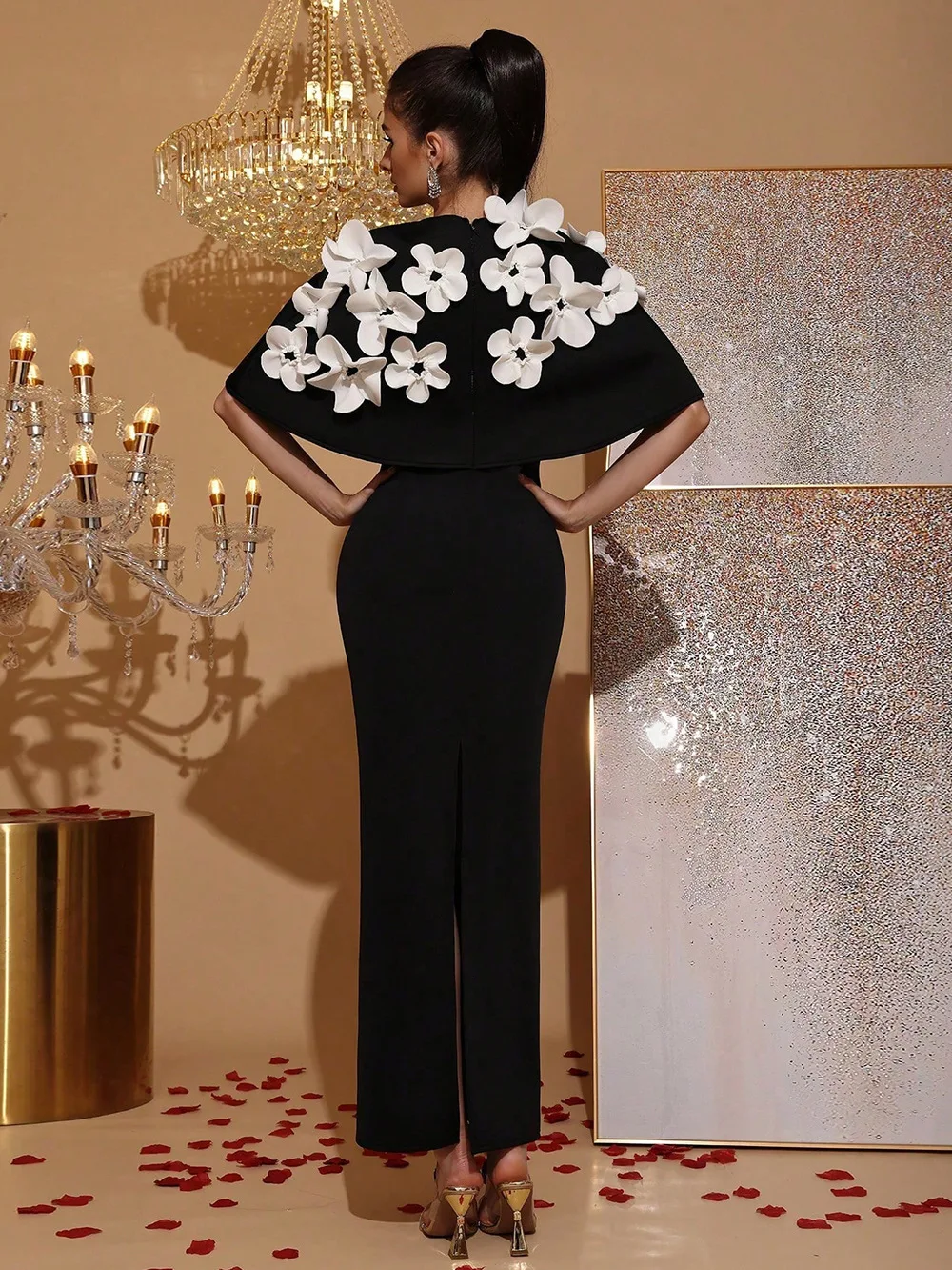 فستان نسائي أنيق بأكمام طويلة مزين بالزهور وأكمام طويلة وحفلات العطلات