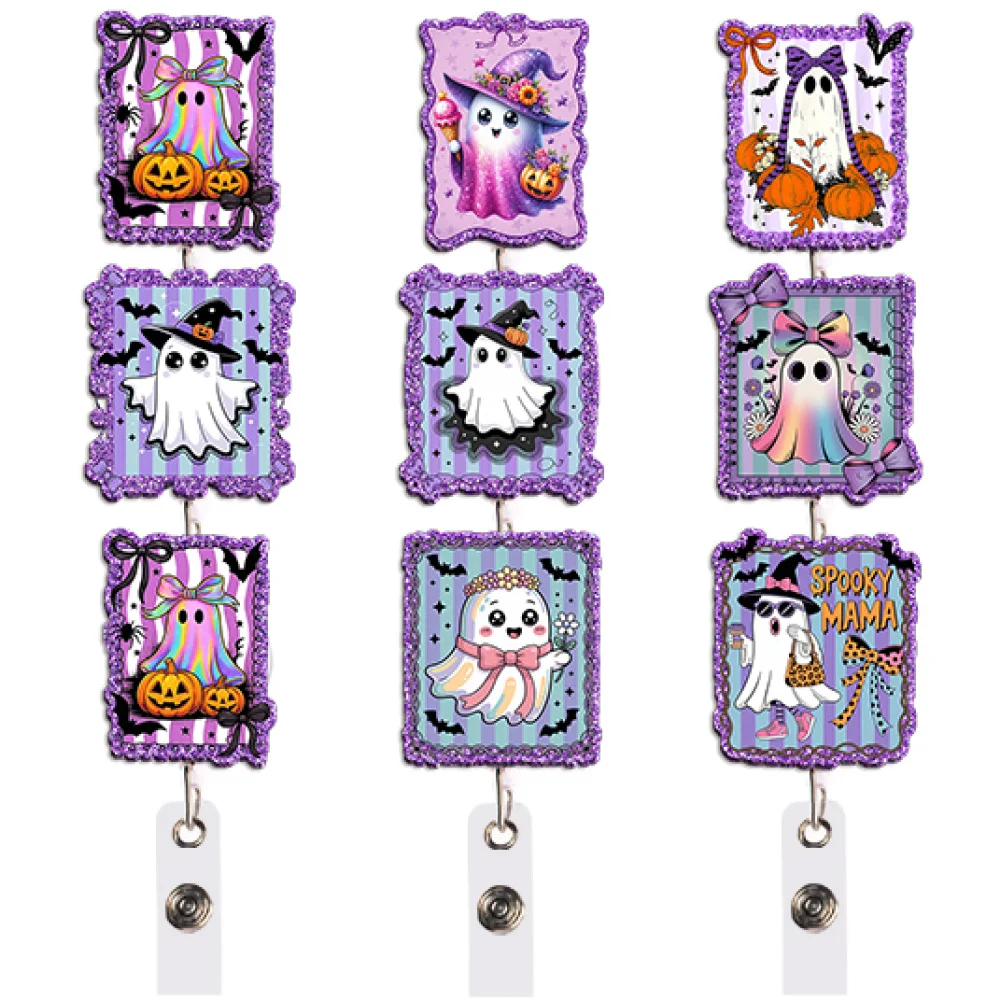 Cute Halloween Badge Reel Retractable ID Holder Ghost Bear Witch Hat Candy Wavy Edge Gift for Student School Office Commute