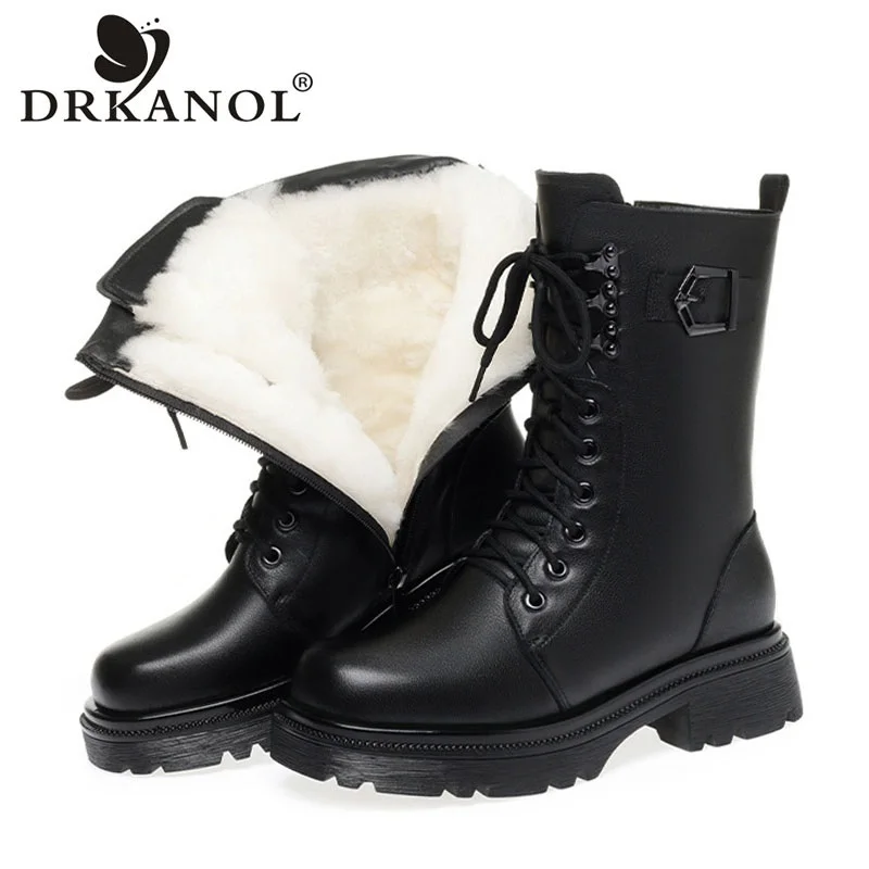 

DRKANOL Women Shearling Mid Calf Snow Boots Winter Warm Wool Thick Heel Chunky Platform Boots Street Style Casual Leather Boots