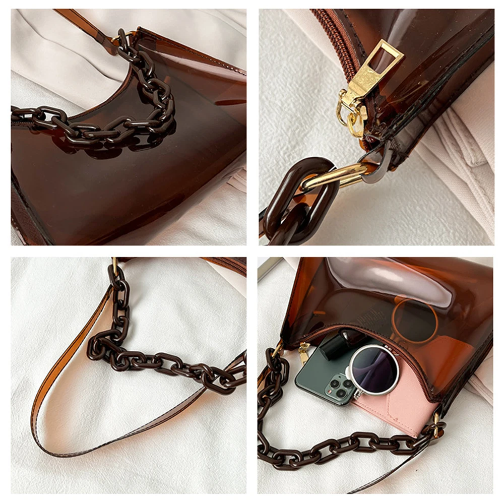 2023 Fashion Women\'s PVC Jelly Shoulder Bag Ladies Solid Color Mini Chain Underarm Bag Transparent Simple Zipper Handbag Clutch