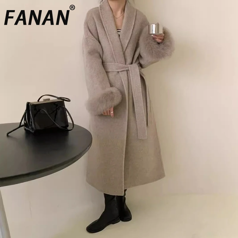 

FANAN элегантные шерстяные пальто с рукавами из лисьего меха для женщин, пояс с лацканами, толстая теплая женская верхняя одежда со сборками на талии, новинка зимы 2023 г.