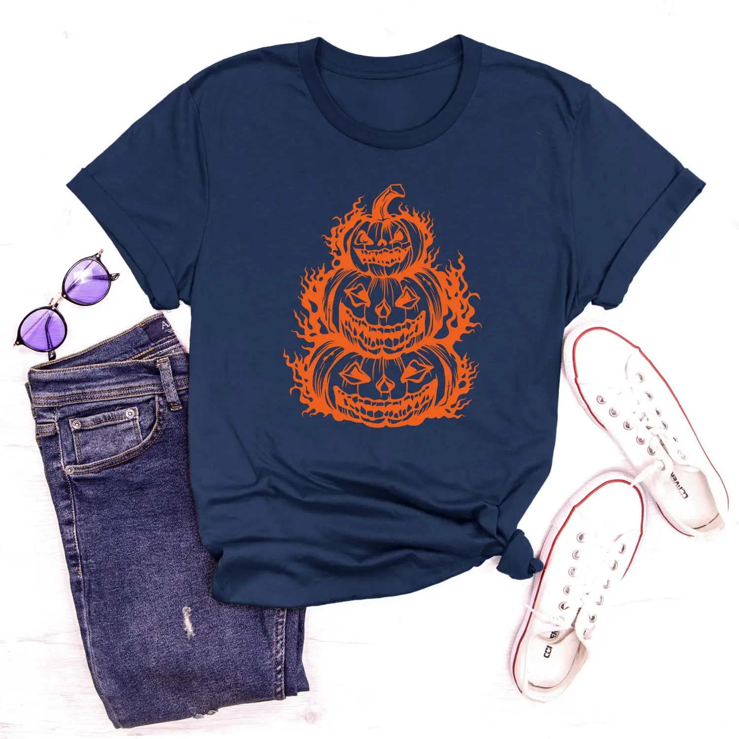 Camiseta de feliz Halloween hecha a mano personalizada, camiseta gráfica apilada de calabazas, camiseta escalofriante de Halloween, traje de caras de calabaza lindas