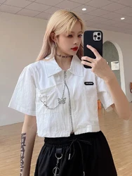 Jmprs Gothic Chain Y2K Cargo Shirt Women Harajuku Streetwear Cropped Blouse Vintage Design Korean Short Sleeve Bf Pocket Tops