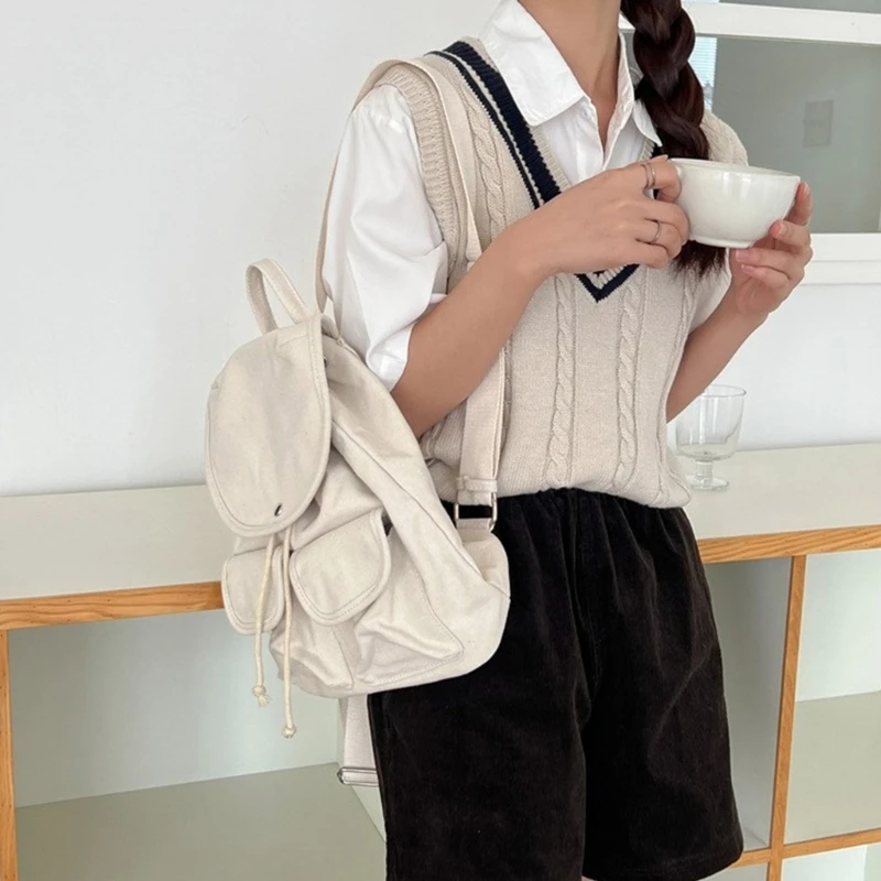 Summer Trendy Canvas Women Backpack Vintage Multi Pocket Travel Backpack Fashion Korean Drawstring Knapsack