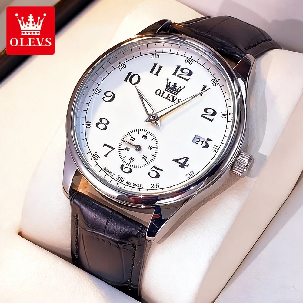 OLEVS Men's Watches Casual Fashion Leather Strap Original Quartz Wristwatch Independent Seconds Dial Waterproof Luminous Dress