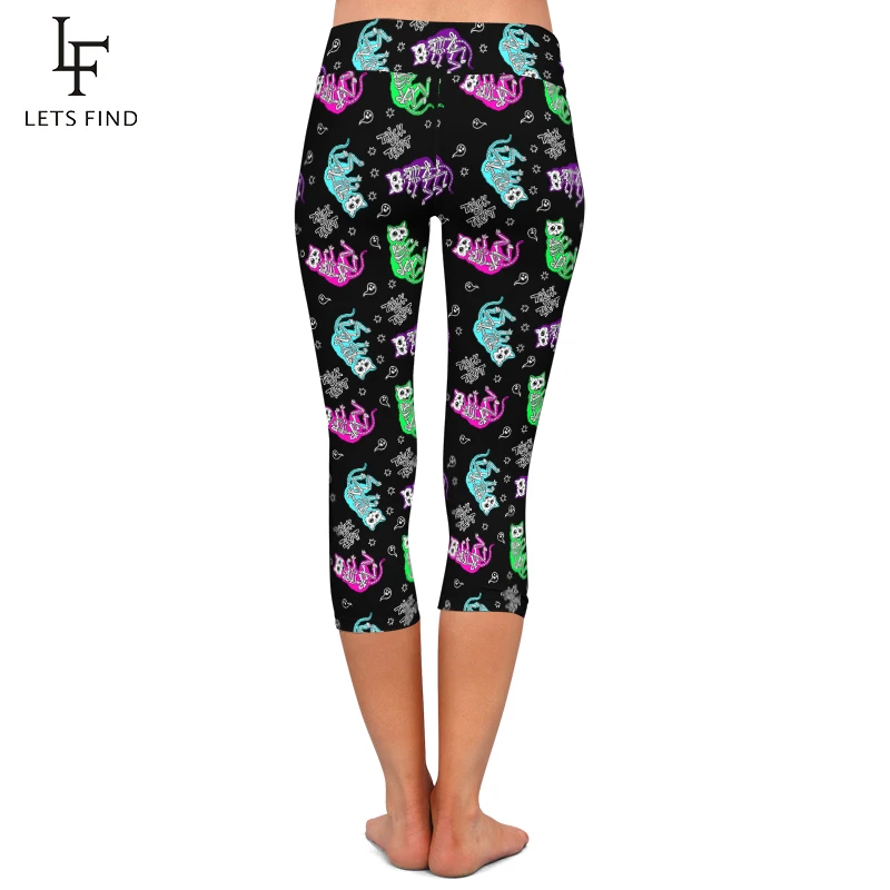 LETSFIND-mallas de cintura alta con estampado de gato y esqueleto para mujer, Leggings Capri a la moda, elásticos, suaves, a media pantorrilla, 3/4