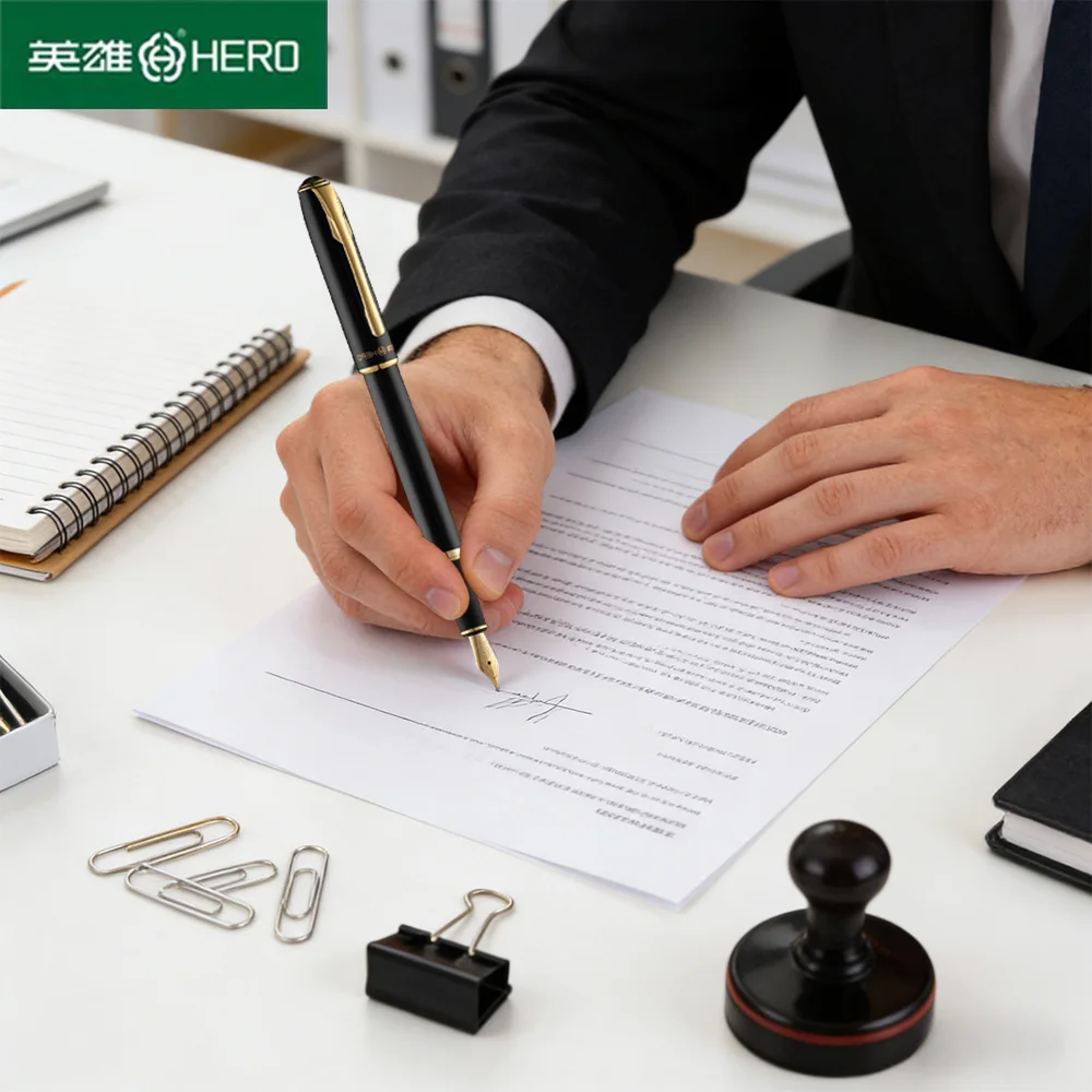

Hero Signature Fountain Pen Set Large Capacity Stainless Steel Nib Antibacterial 0.38/0.5/1.0mm Fine Point for Office Business