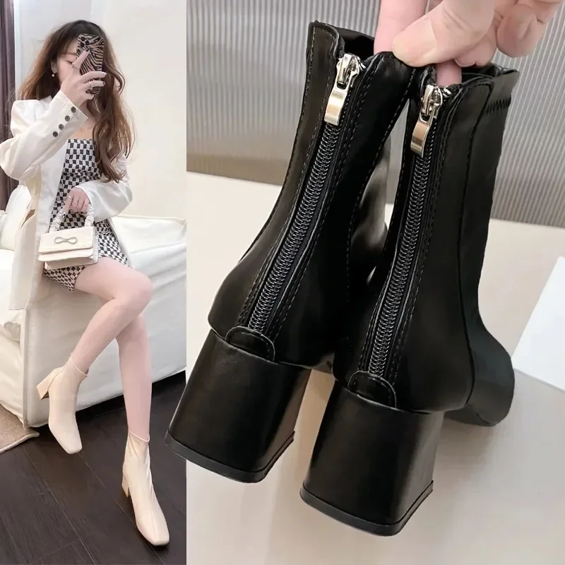 Classic New Autumn Women Ankle Boots Fashion Female Mid Thick Heels Elegant Lady White Black Apricot Square Toe Zip Shoes Matte