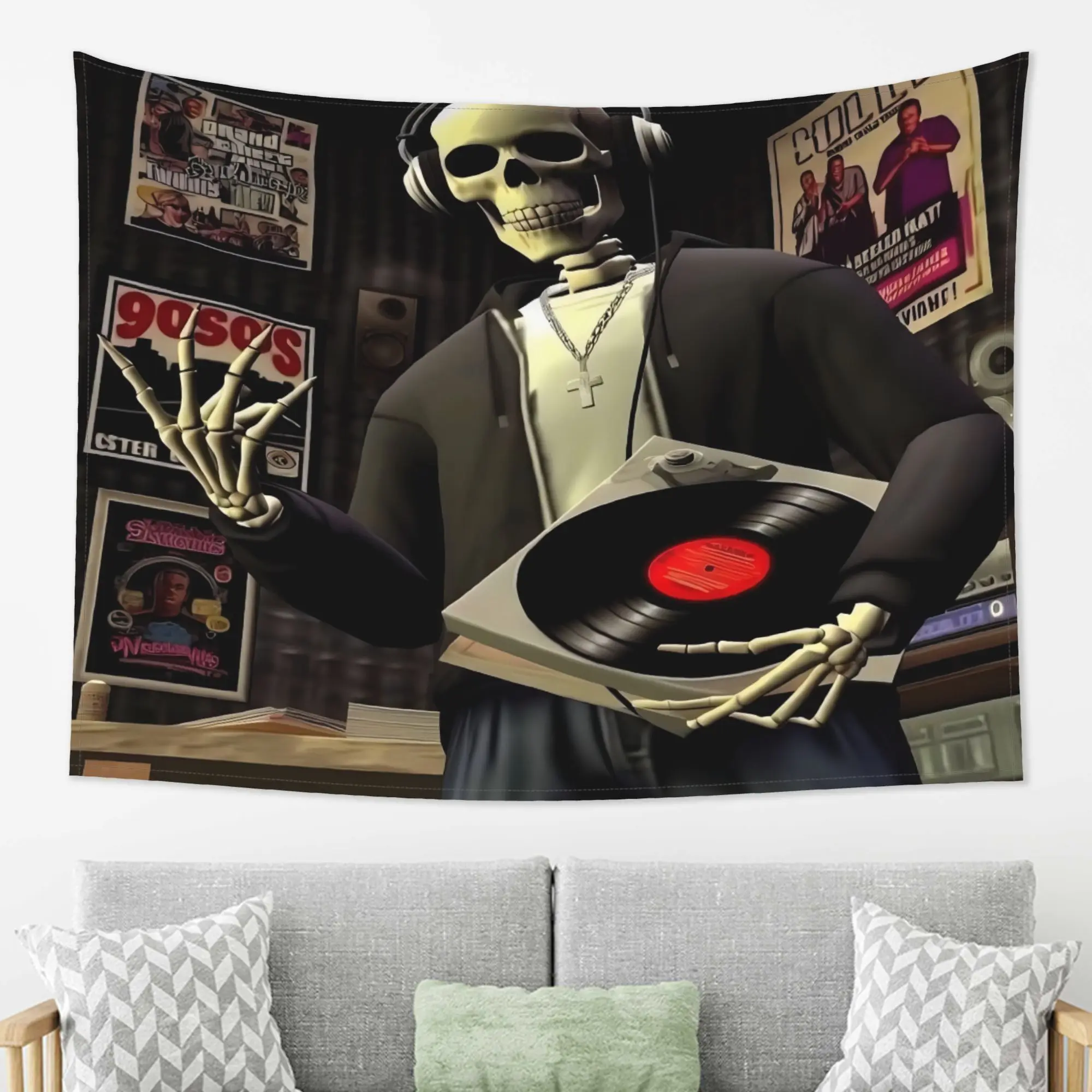 Skeleton DJ Vinyl Record Tapestry Hip Hop Music Wall Art 90s Rap Culture Decor Urban Studio Room Hanging Decoration