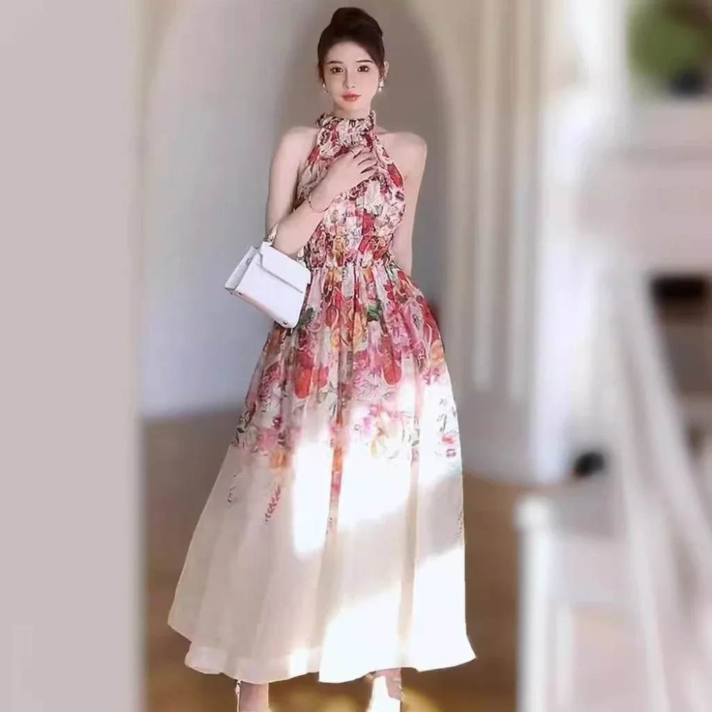 

Summer Seaside Vacation Flower Long Dress High-end Exquisite Off The Shoulder Hanging Neck Floral Elegant Party Dress Dresses