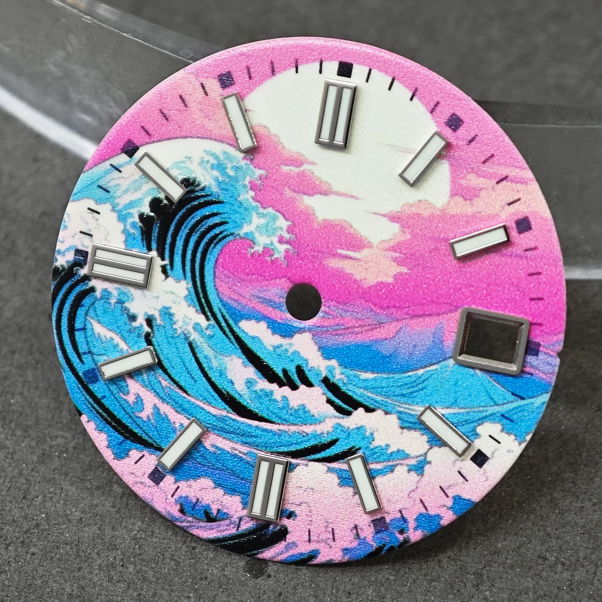 28.5mm NH35 Dial Pink Kanagawa Wave Design Exquisite and Unique Watch Face Compatible with NH34/35/36 Movements