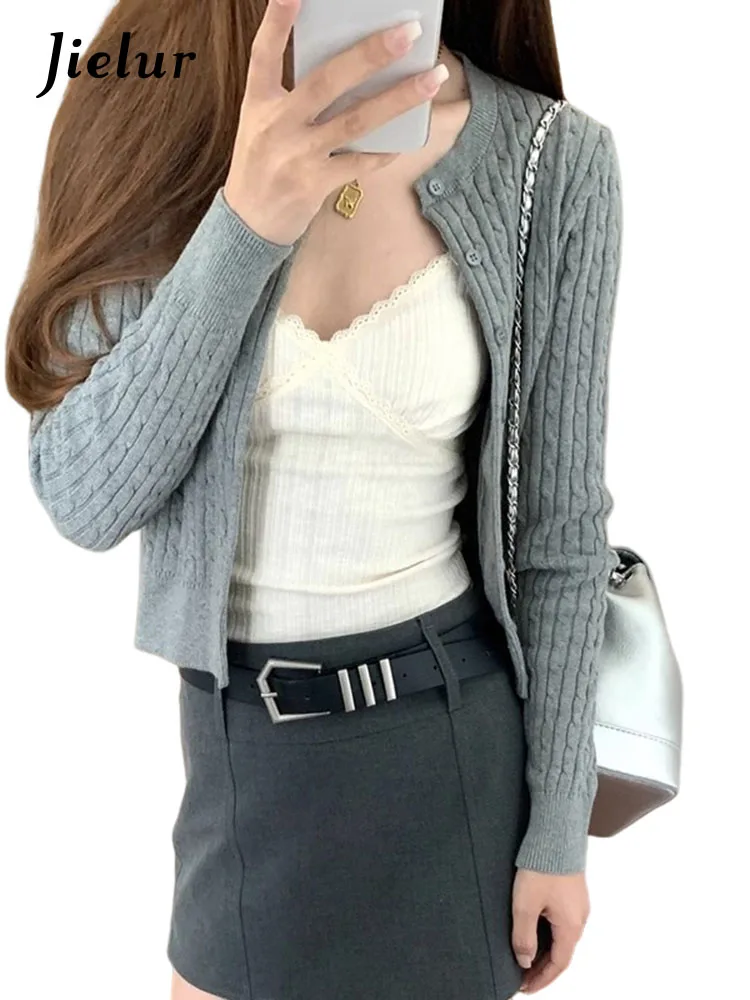 Jielur Autumn New Solid Color Slim Women Cardigan Casual Loose Fashion Cardigan Woman Grey Navy Blue Knitted Sweaters Female