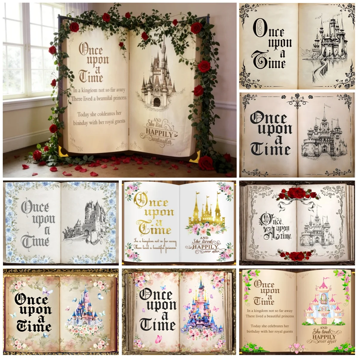 Fond de fête d'anniversaire pour la photographie, château de conte de fées, papillon, princesse, décoration, baby shower, portrait de fille, toile de fond