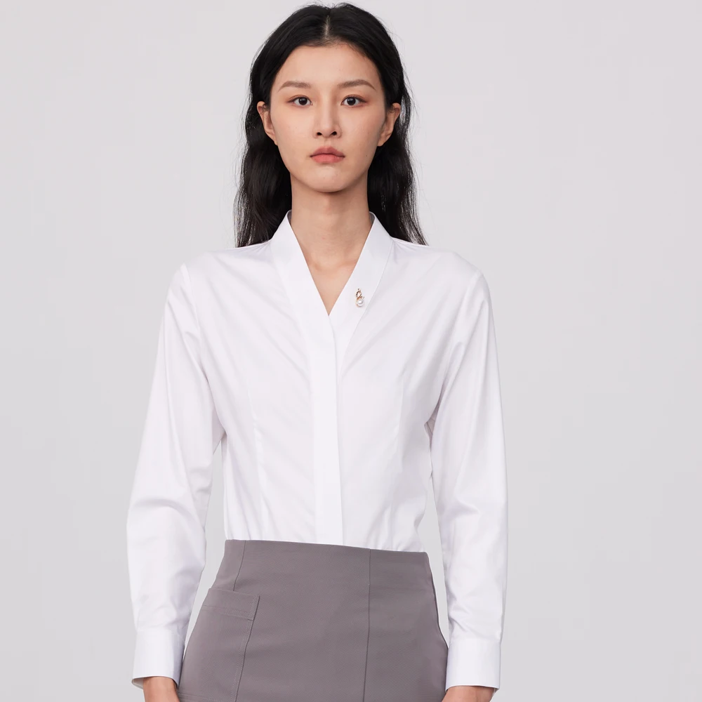 

Women's Wrinkle Free No Iron Hidden Buttons Placket Shirt Without Pocket Long Sleeve Office Lady Detachable Brooch V-Neck Shirts