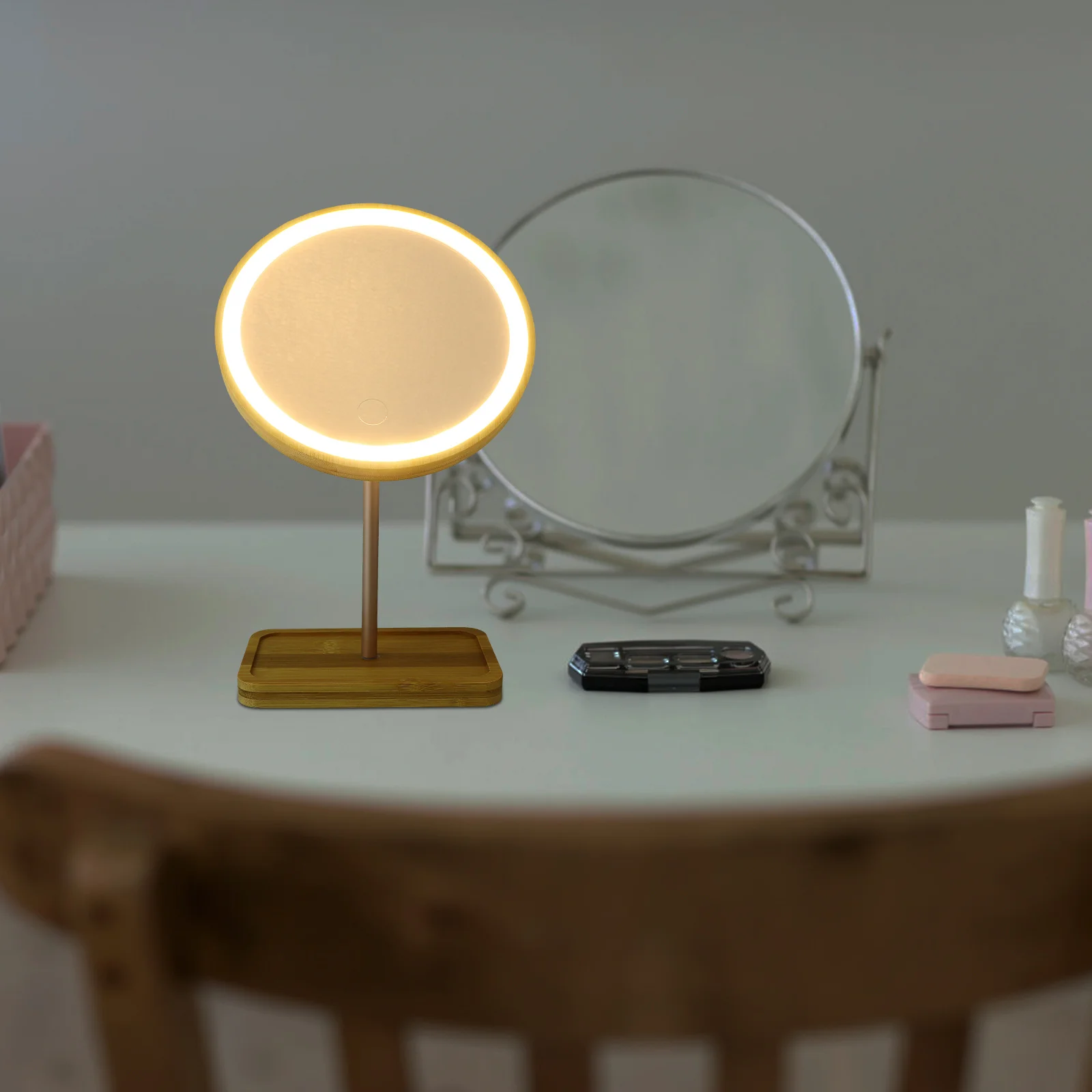 Specchio per trucco da 1 pezzo con luce a LED Specchio cosmetico da tavolo in legno per bagno Camera da letto Uso da tavolo Design del vassoio portaoggetti