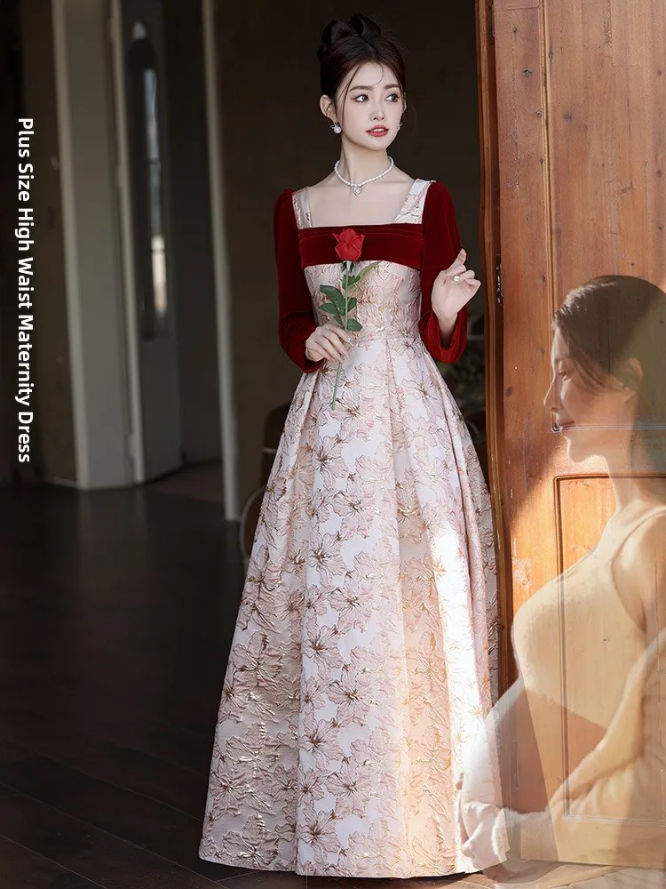 

plus Size Velvet Long Sve Wedding Dr for Engagement Par Materni Belly Covering Ele High Waist A-Line Skirt