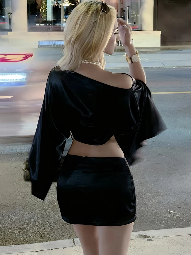 

Whatiwear Элегантный вечерний комплект из 2 предметов Женский шикарный сексуальный классический укороченный топ с косым воротником + персиковые юбки на бедрах Атласная модная банкетная клубная одежда