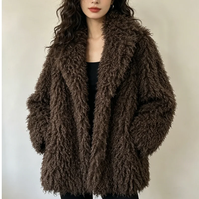 2026 Autumn Winter Female Clothing New Fashion Beach Wool Faux Fur Coat For Women Suit Collar Solid Fur Overcoat Female