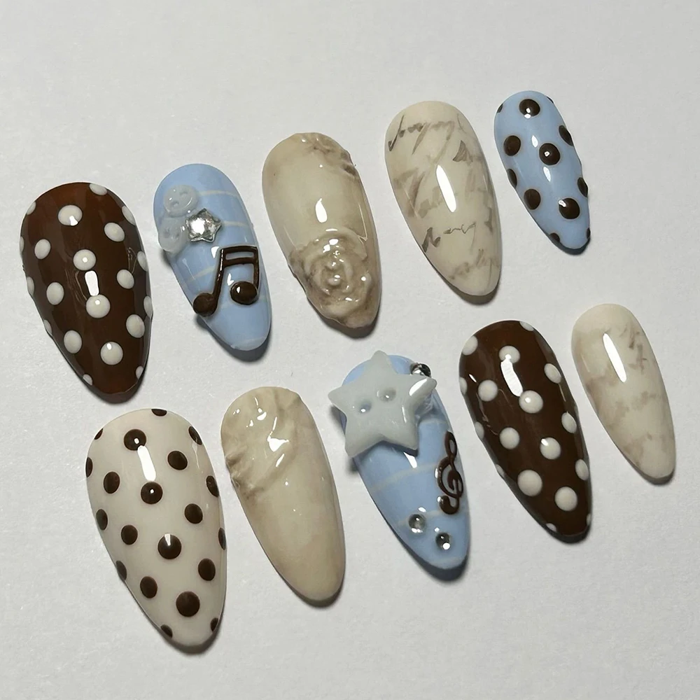 Y2K Spice Girl Style Handmade Long Coffin Stiletto Fake Nails Flowers Polka Point Eyeballs Music Note Bowknot Press On Nails