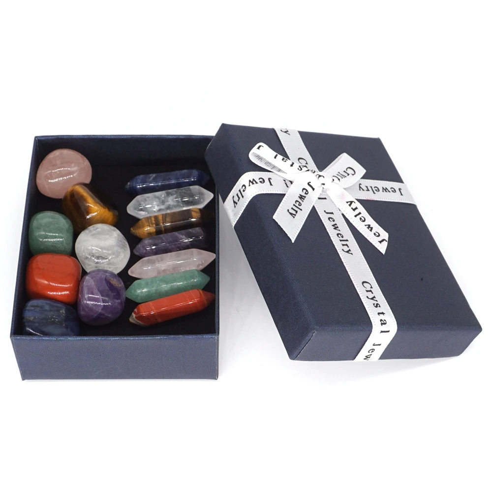 7pc Hexagonal Column And Tumbled Stone Natural Gemstone Energy Reiki Healing Quartz Crystal 7 Chakra Decorative Craft Gift Box