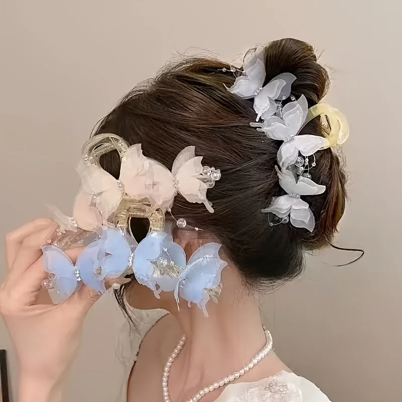 

1pc Elegant Butterfly Hair Clip, Black Fabric Butterfly with Pearl Design - Sweet Style for Back to School Wedding Beach Party