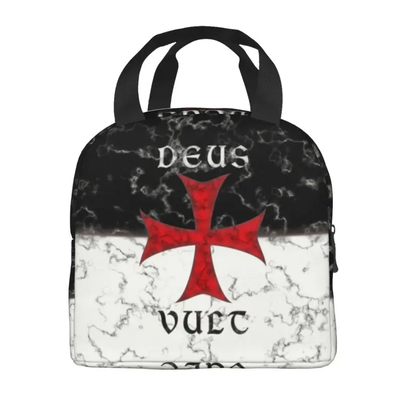 Deus Vult Crusader Cross In Marble Insulated Lunch Bags for Camping Travel Knights Portable Thermal Cooler Bento Box Women Kids