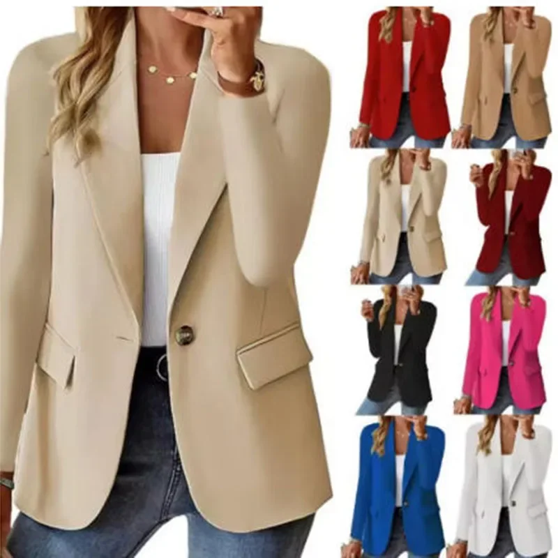Women Fashion New Solid Button Suit Coat Lapel Long Sleeve Hatless Casual Coat Jacket Oversized Work Office Lady Business Autumn