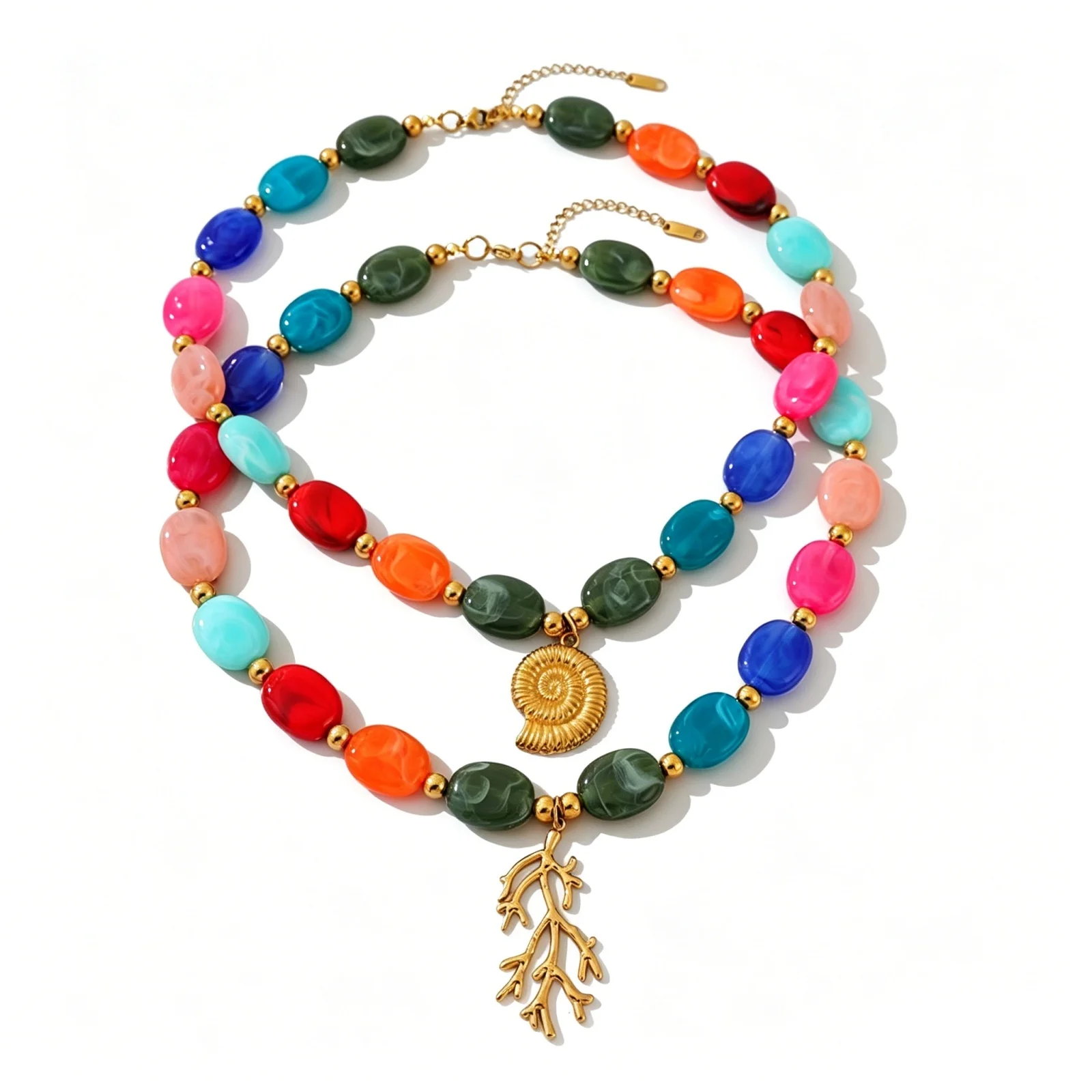1pc Multicolor Beaded Chains Necklace 18K Gold Plated Ocean Shell Fish Pendant Charm Stainless Steel Necklace For Women Jewelry