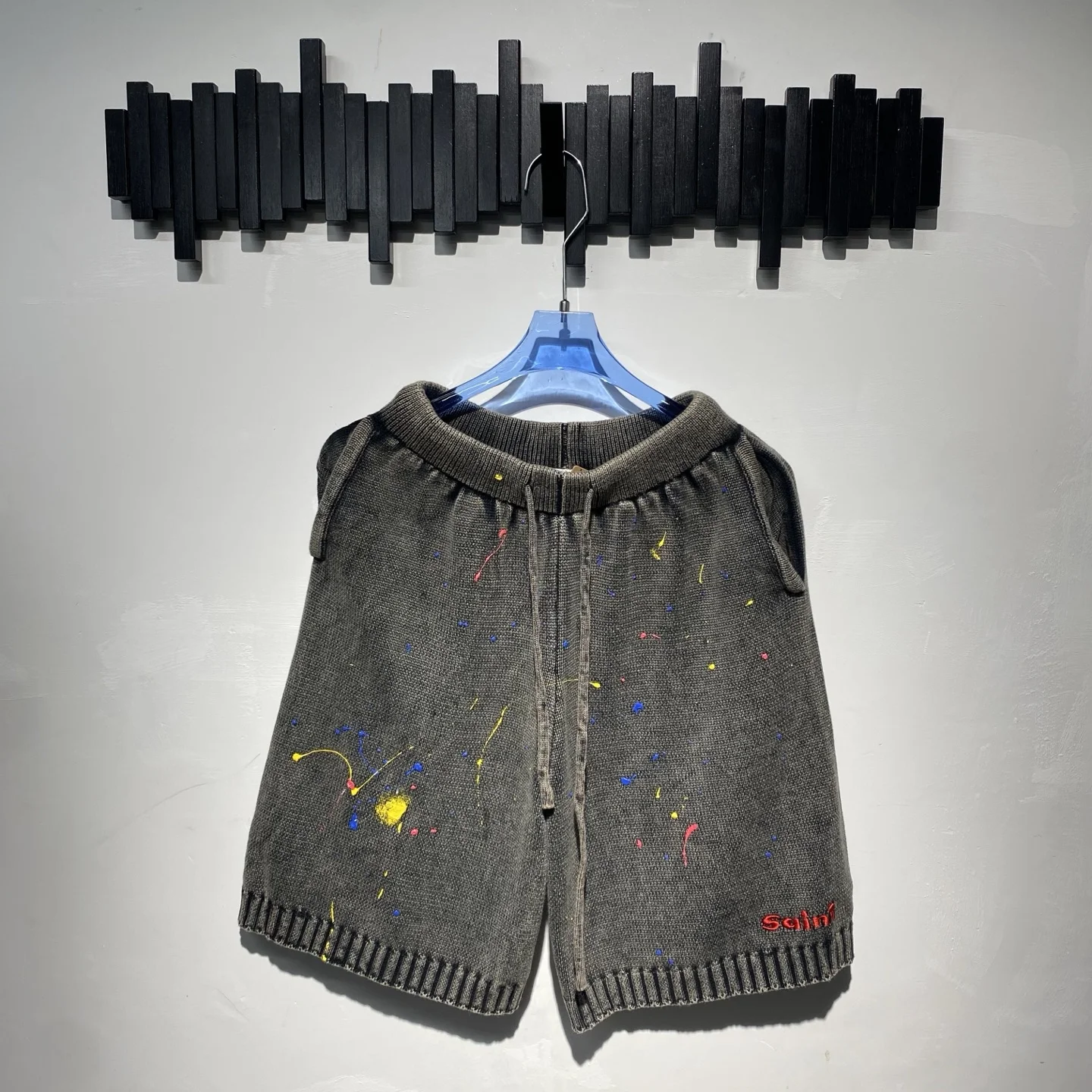 Watercolor Splash Print Embroidery Knitted Shorts Distressed Washed Unisex Drawstring Waist Loose Casual Streetwear Short Pants