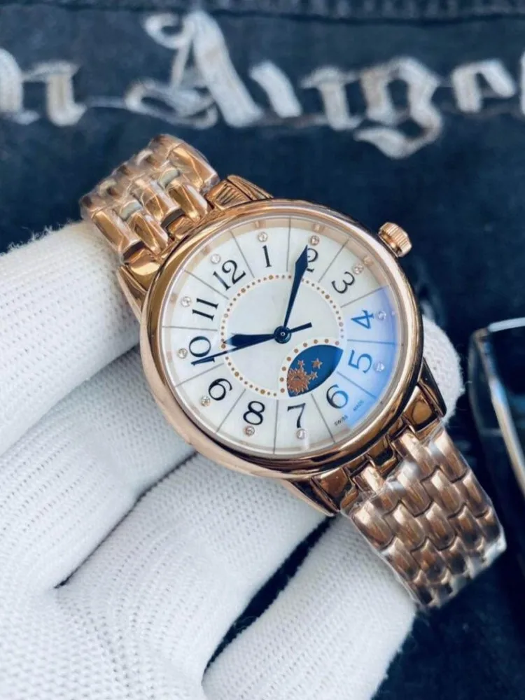 Office Laides Elegant Fashion Round Quartz Watch Design Stainless Steel Moon Phase Luxury Diamonds Women Exquisite Wristwatch