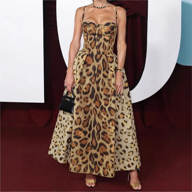 

Sexy Leopard Print Sleeveless Spaghetti Strap Dress Chic Sexy Backless High Waist Vest Summer Ladies Resort Dress Robe