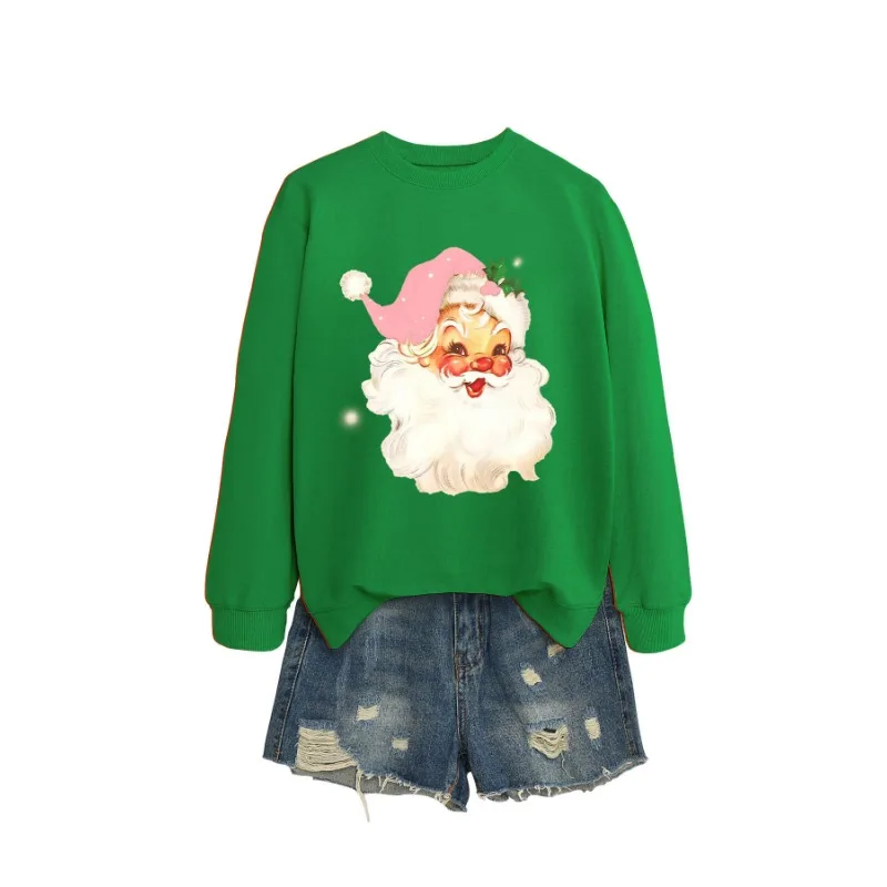 Kerstman Roze Hoed Mode Leuke Print Losse Trui Ronde Hals Sweatshirt Dames