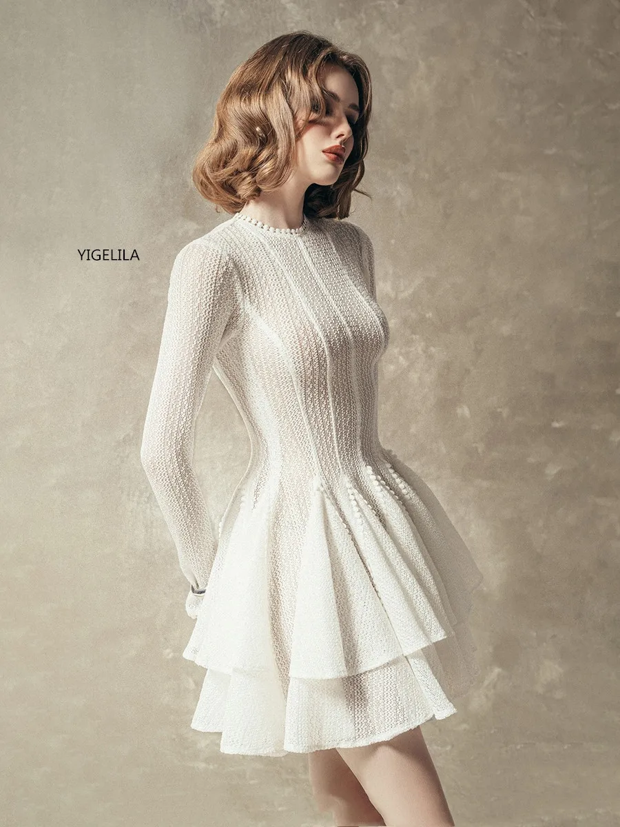 YEGELILA-French Vintage Stretch Dress Elegant Gentle Slim Waist Short Dresses Ballet White, Long Sleeve New Arrival