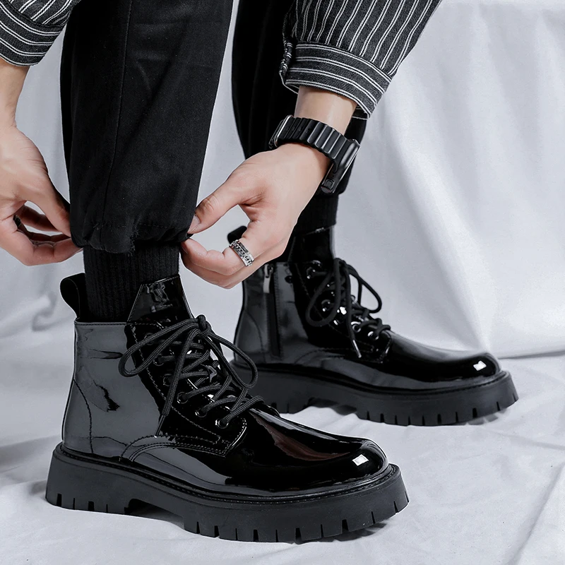 Hight Quality Original Design New Punk Style Patent Leather Boots For Men's Black Hombre Fashion Party Height Increasing Shoes