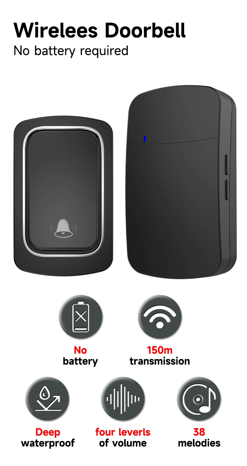 Kabellose Türklingel, keine Batterie erforderlich, wasserdicht, selbstbetrieben, Türklingel-Set für Zuhause und Außenbereich, kinetische Klingel. – Detail 1