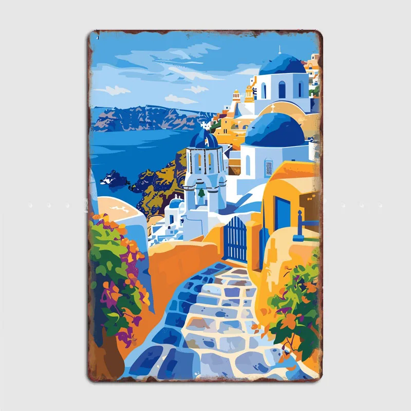 Greek Island Santorini Travel Scenic Spot Poster Metal Plaques Tin Sign Home Decor Room Decoration Kitchen Wall Decor