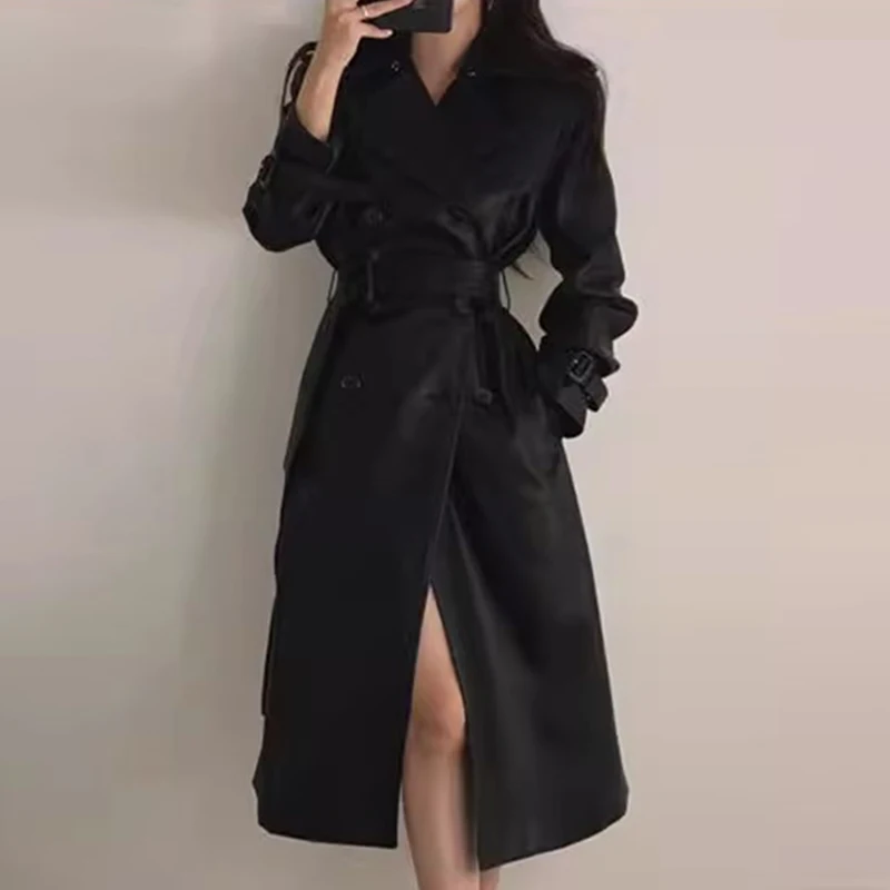 Sli Autunno Inverno Retro Ele Colletto a doppia fila Bottoni Versatile dimagrante Cappotto Jaet in pelle di media lunghezza da donna