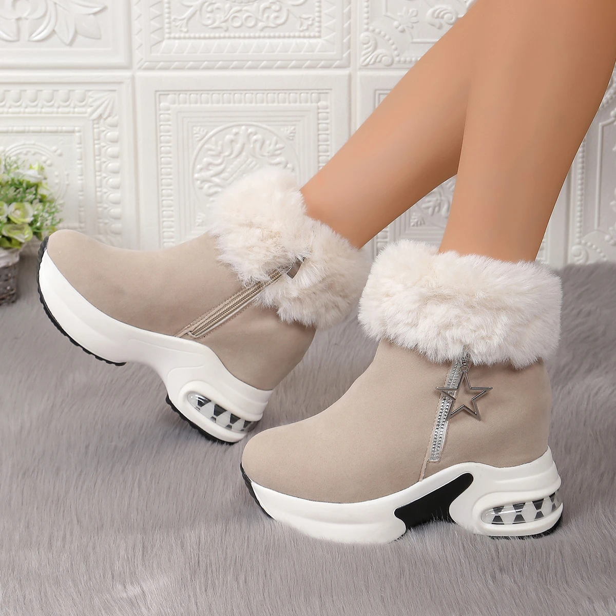 Women Boots Winter 2024 New Casual High Heels Warm Boots Thickened Fluff Wedge Shoes Fashion Outdoor Platform Snow Boots Women