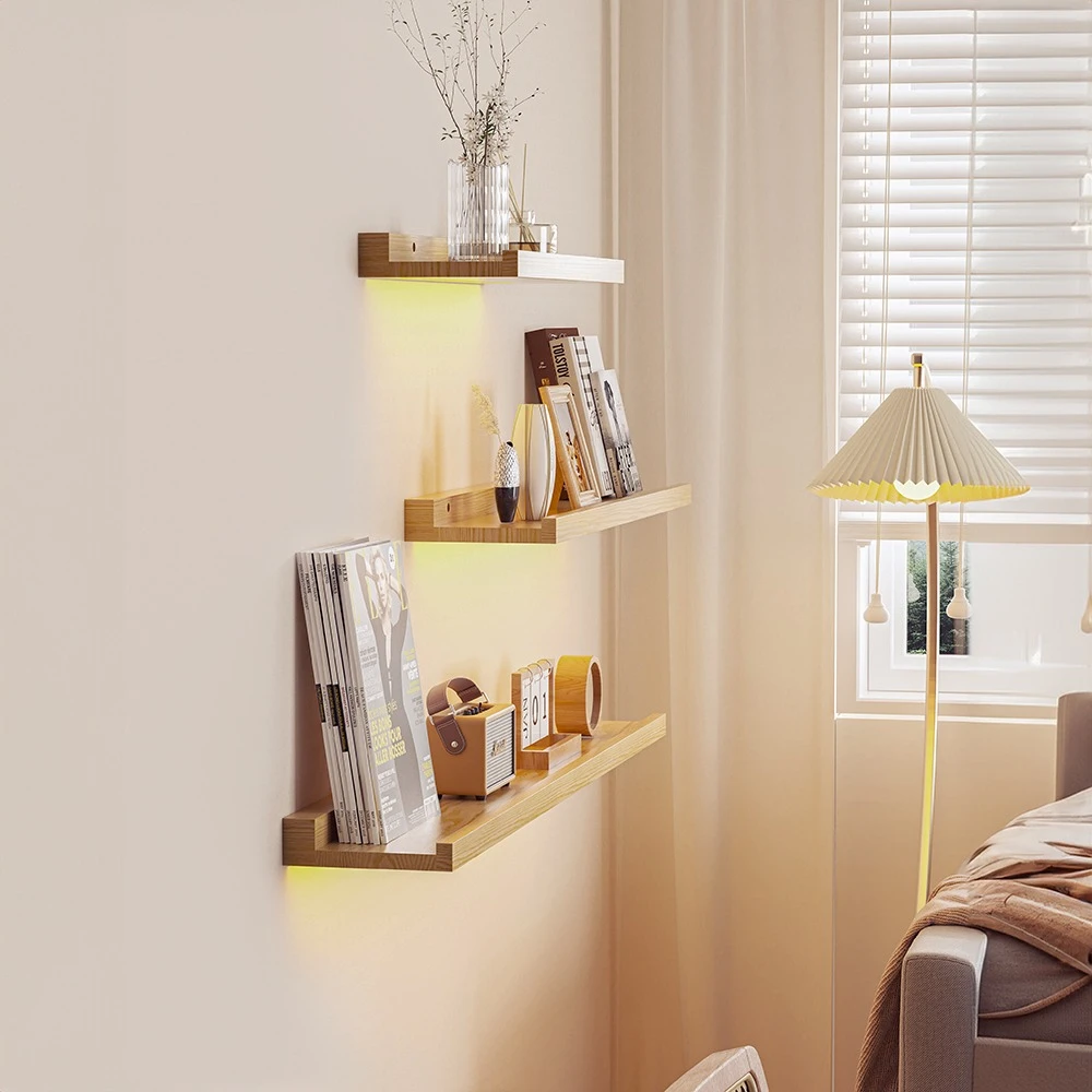 Solid Wood Storage Rack Led Wall Lamp Multi Functional Decoration Shelf Living Room Study CAFE Office Sconces House Night Light