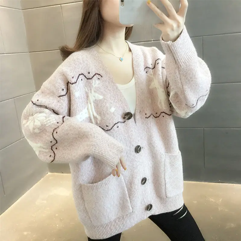 سترة سميكة على شكل حرف v لملابس خارجية ، معطف ضيق متماسكة ، طبعة كورية ، تركيب فضفاض ، موضة غير رسمية ، جديدة ، 2023 ، الخريف والشتاء #5