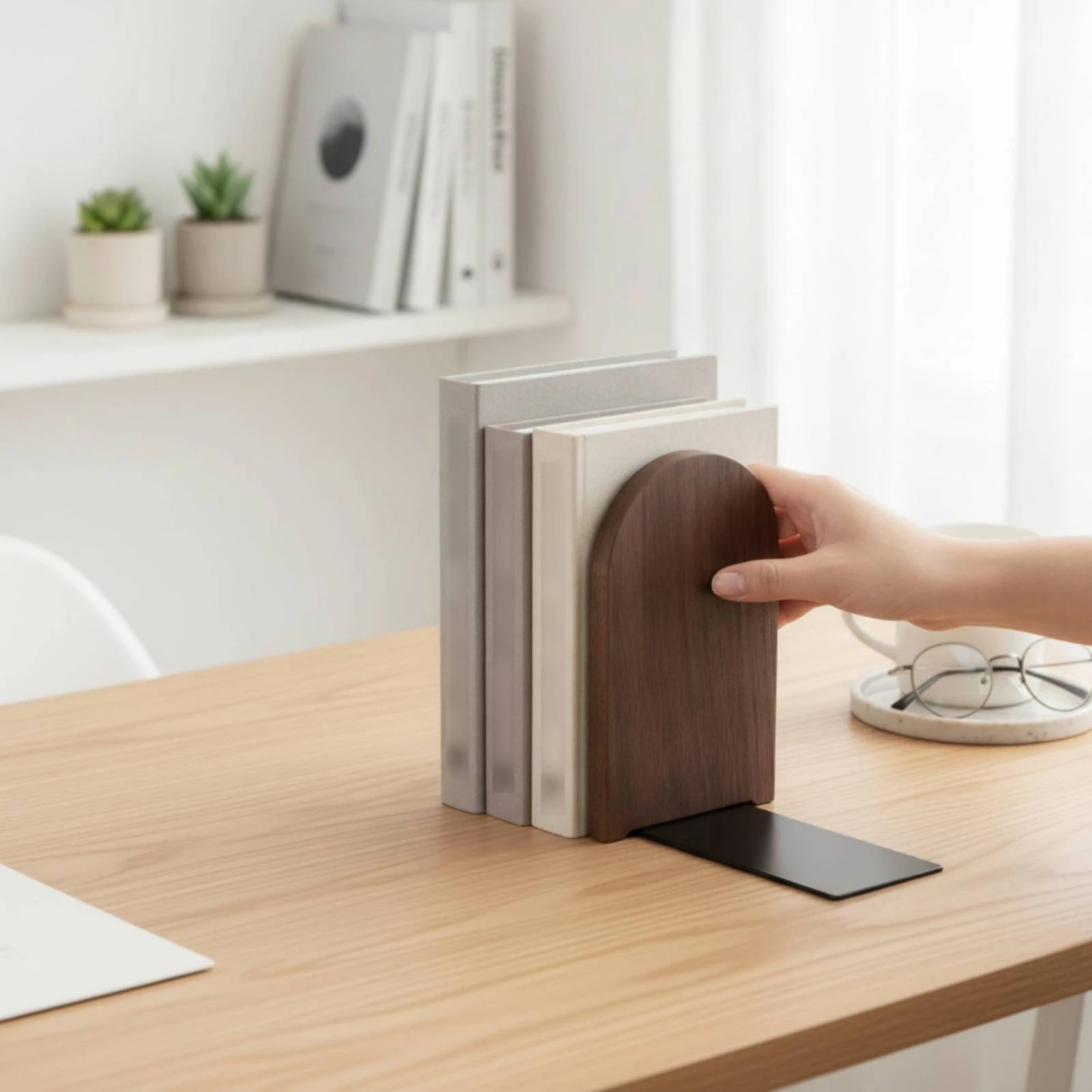 Wooden Bookend with Metal Base Freestanding Desktop Bookend Bookcase Bookends Sturdy Desktop Book Organizer Minimalist