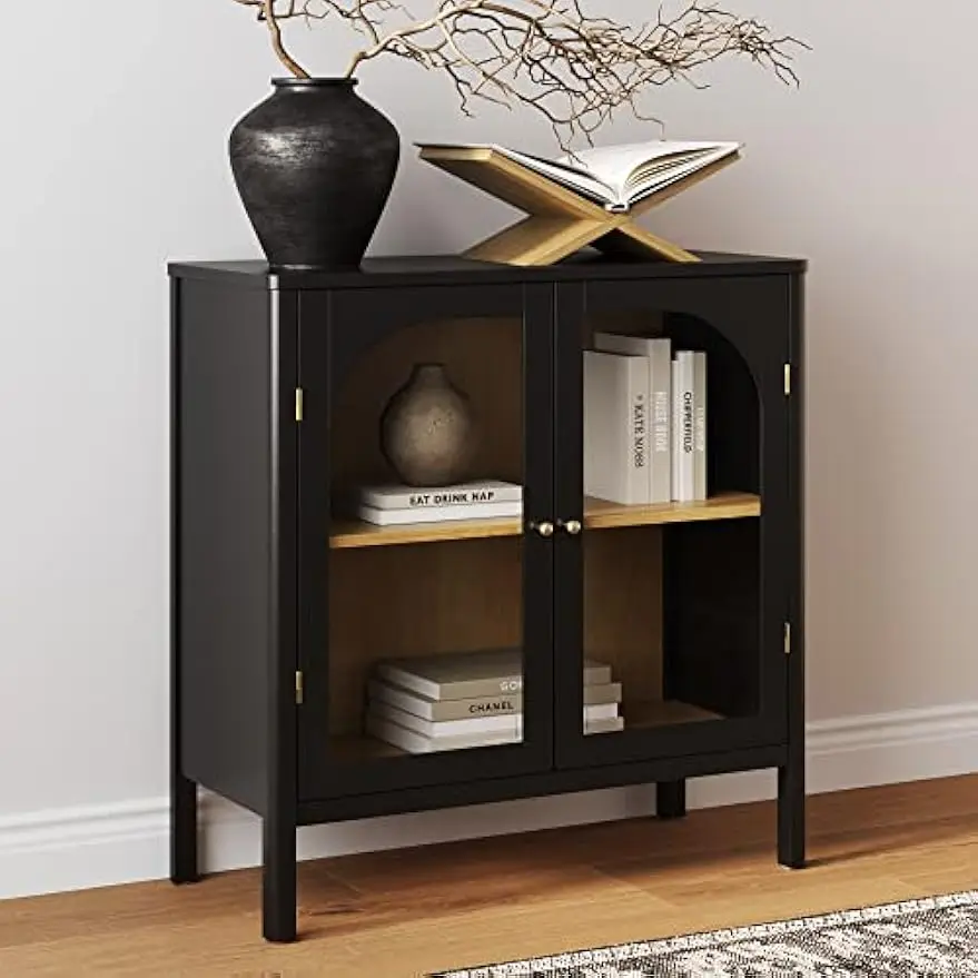 Mason Storage Cabinet, Free Standing Accent Sideboard Buffet, Credenza with Glass Doors and Adjustable Shelf in Black Oak Wood