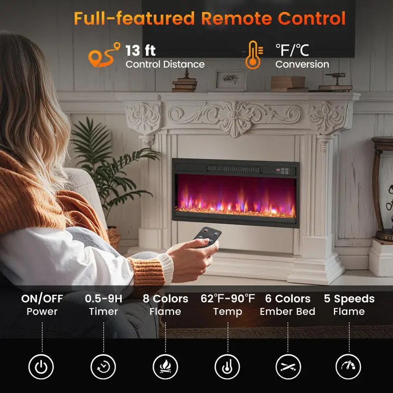 

18/23/26 Inch 1500W Electric Fireplace Insert with Remote Control-26 inches