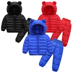 Autunno inverno abbigliamento per bambini Set neonati maschi piumino con cappuccio in cotone + pantaloni 2 pezzi per bambini tuta da neve Costume caldo 0-5T